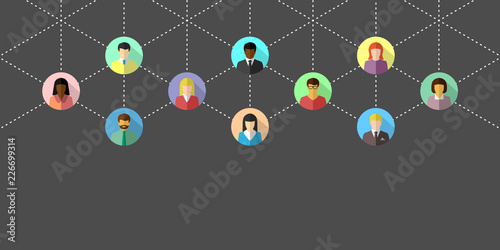 Networking concept with diverse people and dotted lines. Network banner  in flat design on dark grey background.
