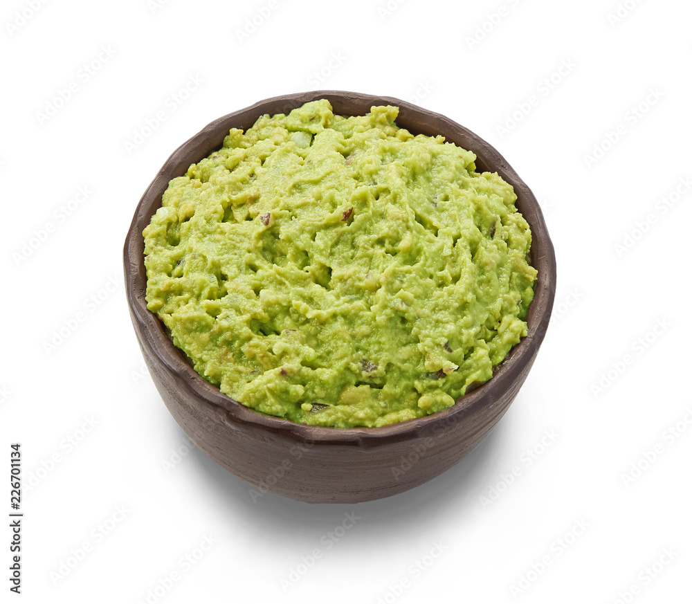 Fresh avocado guacamole top view isolated on white background Fresh avocado guacamole top view isolated on white background