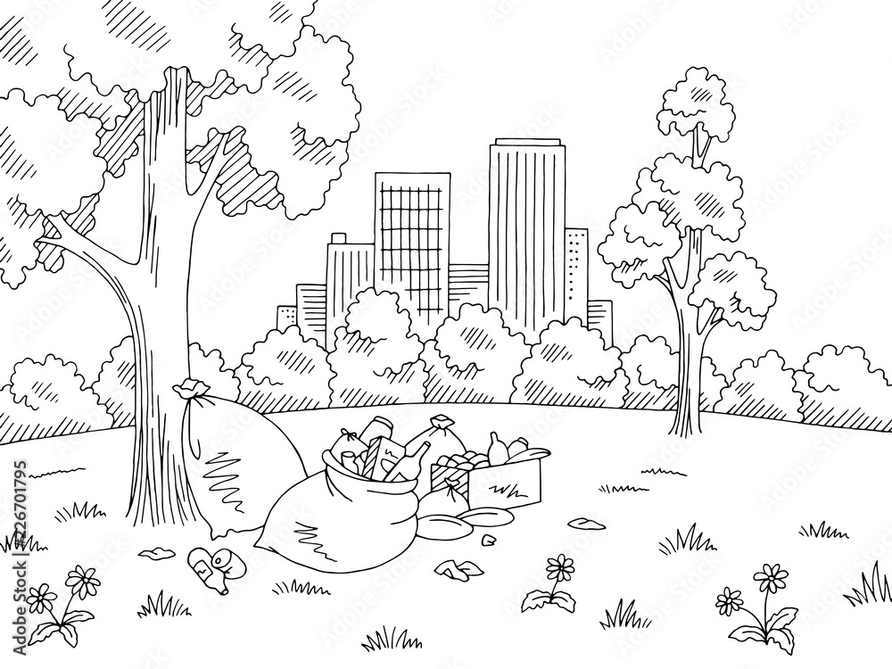 Garbage in nature park graphic black white landscape sketch illustration vector Stock Vector