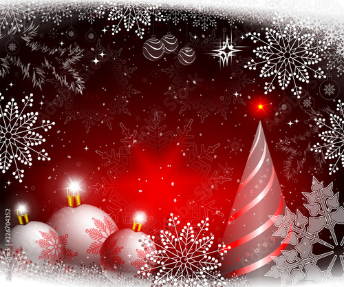 Christmas red background with balls and an abstract Christmas tree.