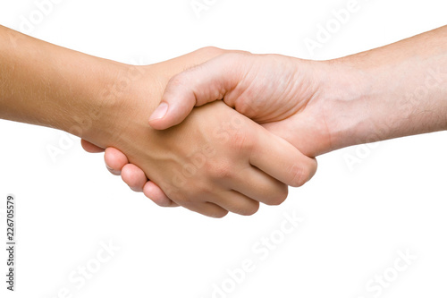 Man and woman shaking hands isolated on white background. Make and close deal. Two people. Promotion concept. Cutout human's arm. Close up. Clipping path.