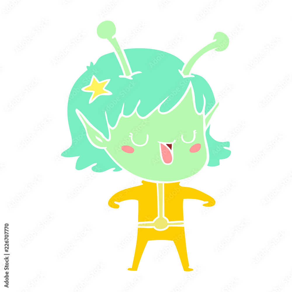 happy alien girl flat color style cartoon