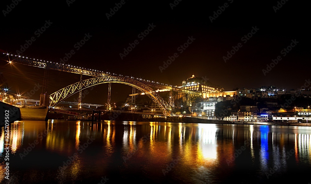 Night bridge reflection over river in Porto Portugal