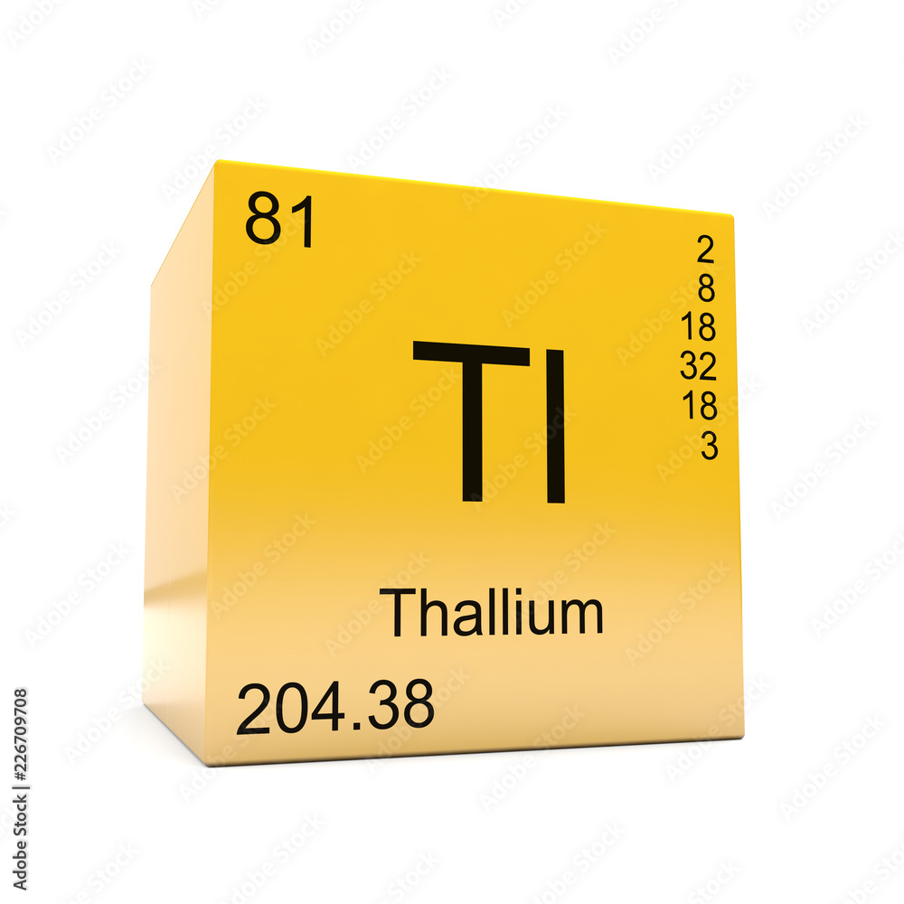 Thallium chemical element symbol from the periodic table displayed on glossy yellow cube