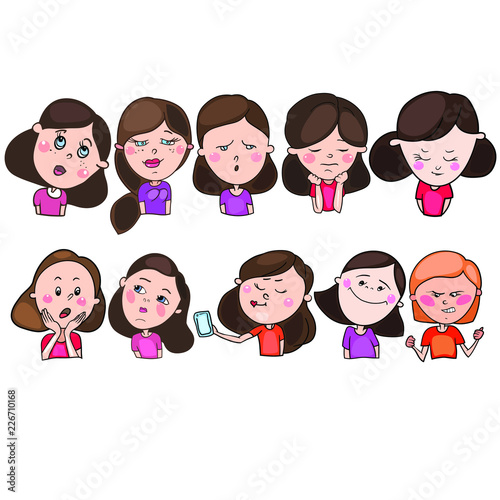 Set of vector drawings, cartoon characters, emotions and feelings of little girls