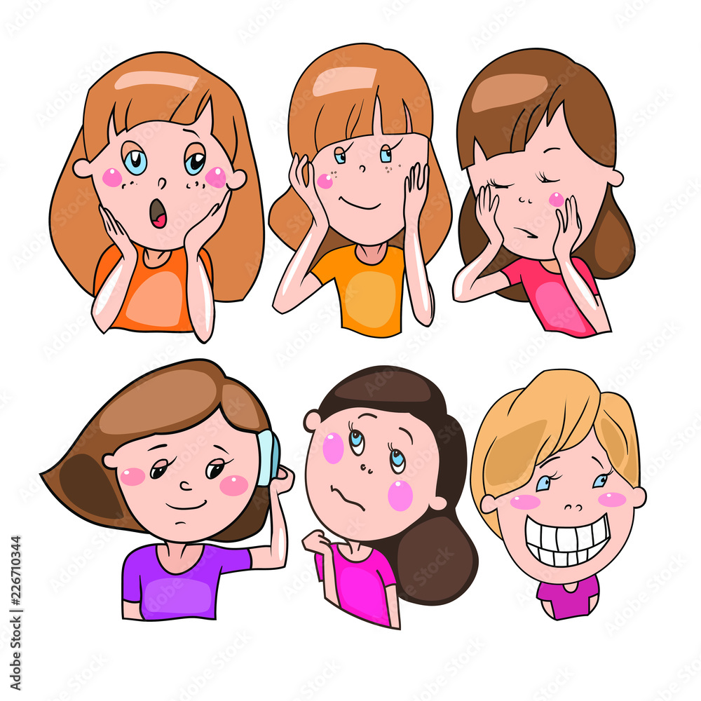 Set of vector drawings, cartoon characters, emotions and feelings of little  girls Stock Vector | Adobe Stock