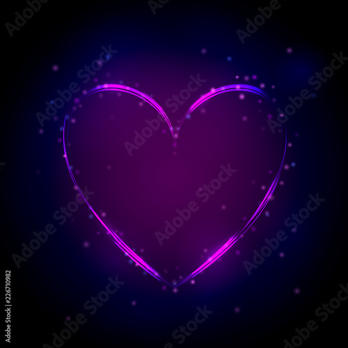 Neon purple heart on dark background. Vector illustration. Valentines day card.