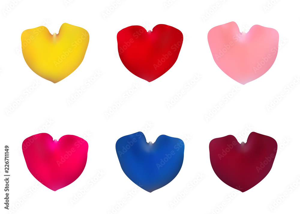 Pink, red, yellow and blue rose petals set. The shape of a heart. Valentine s day. Greeting card Vector illustration. Pink, red, yellow and blue rose petals set. The shape of a heart. Valentine s day. Greeting card Vector illustration.