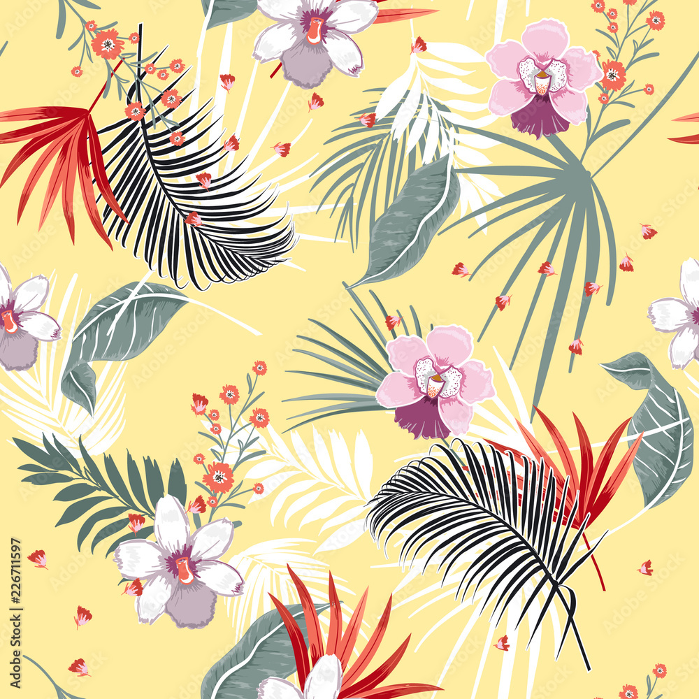 Beautiful vector seamless beautiful artistic Bright summer tropical pattern with exotic forest. Colorful original stylish floral mix with leaves