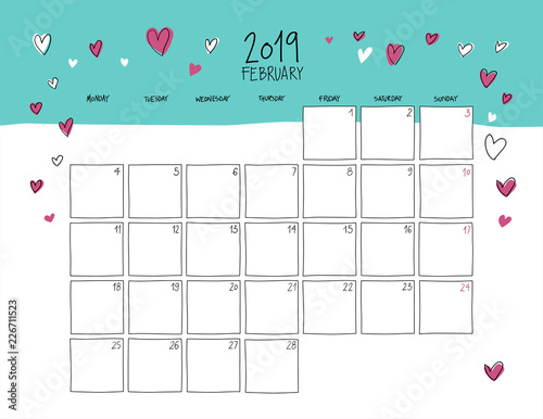 February 2019 wall calendar. Doodle style.
