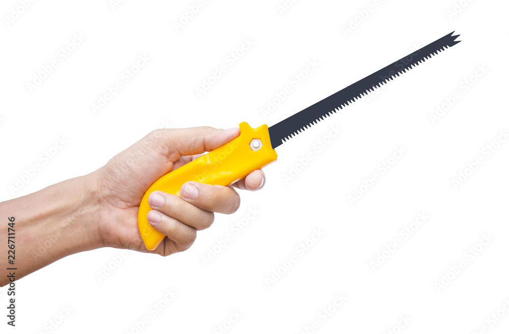 Saw in the hand isolated on white background with clipping path . Saw in the hand isolated on white background with clipping path .
