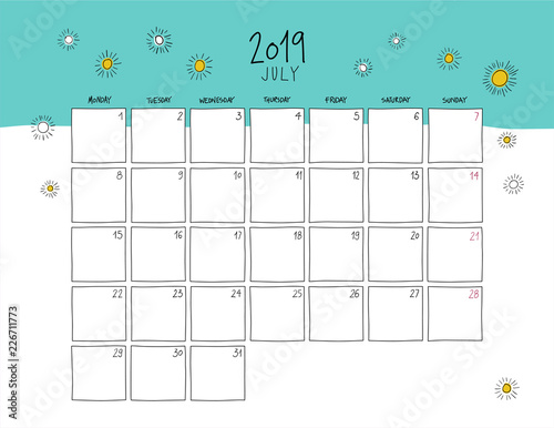July 2019 wall calendar. Colorful sketch horizontal template.