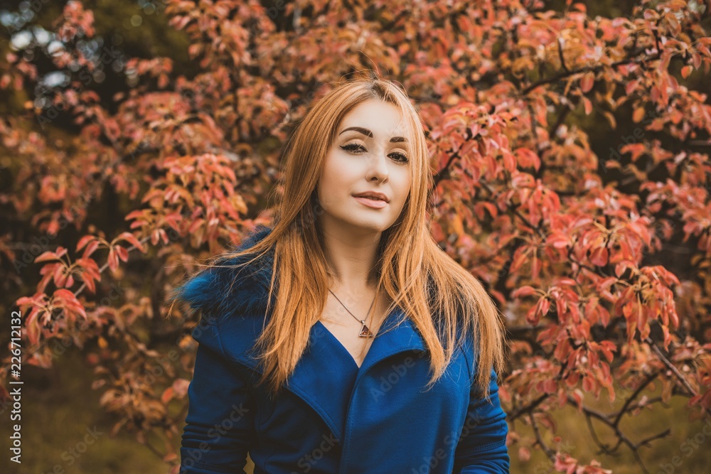Autumn ladies trend, stylish makeup and hair style. Woman portrait at vintage tones. Red hair lady in blue fur coat 