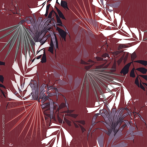 Exotic tropical vector background with hawaiian plants and flowers. Seamless summer bright tropical pattern with monstera and sabal palm leaves,