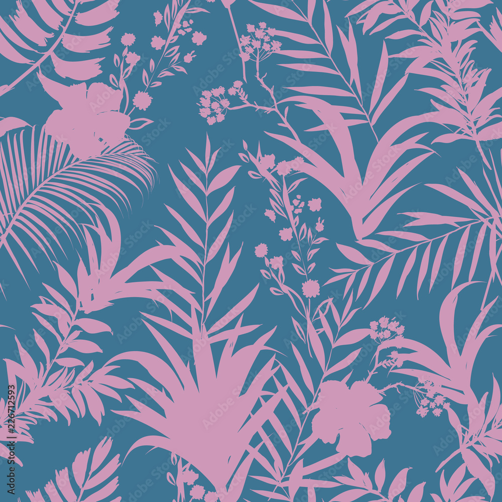 Beatiful  palm trees and tropical forest on the sweet pastel blue and pink  background. Vector seamless pattern