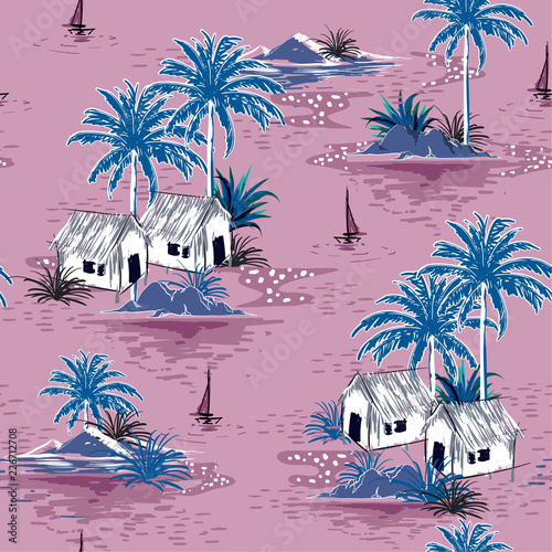 Summer stylish seamless  island pattern on sweet purple background. Landscape with palm trees,beach and ocean vector hand drawn style.