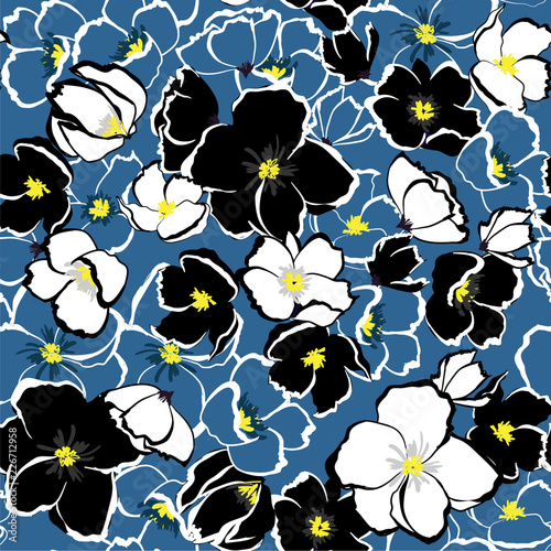 Seamless vector blooming florals background with monotone blue hand sketch and drawing flowers illustration