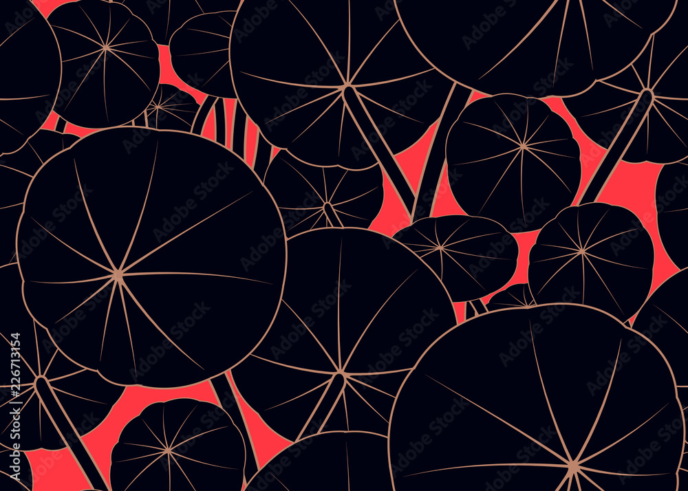 aquatic round leaves seamless pattern in red black shades