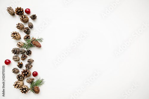 Christmas composition. Cones, berries and needles on a white background. Flat lay, top view