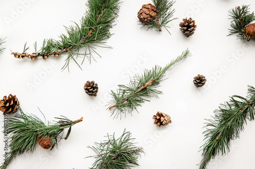 Christmas composition. Coniferous branches and cones on a white background. Top view, flat