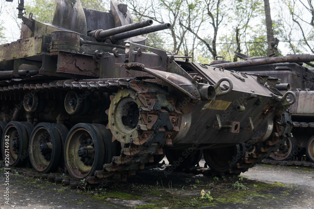 old military equipment destroyed in battles and wars. Tanks as a murder weapon.