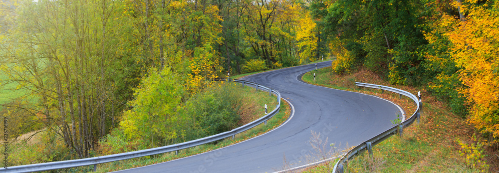 Winding Road in the autumnal forest . Nature background.