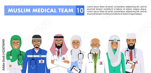 Medical concept. Detailed illustration of muslim arabian doctor and nurses in flat style isolated on white background. Practitioner arabic doctors man and woman standing. Vector illustration.