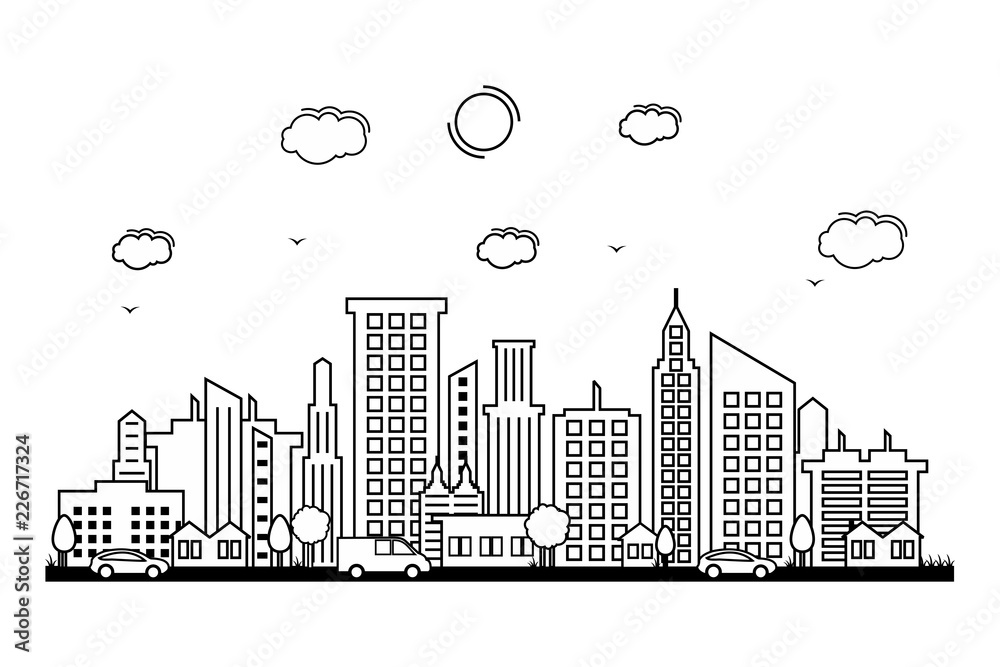 City Cityscape Skyline Street Road Line Design Illustration