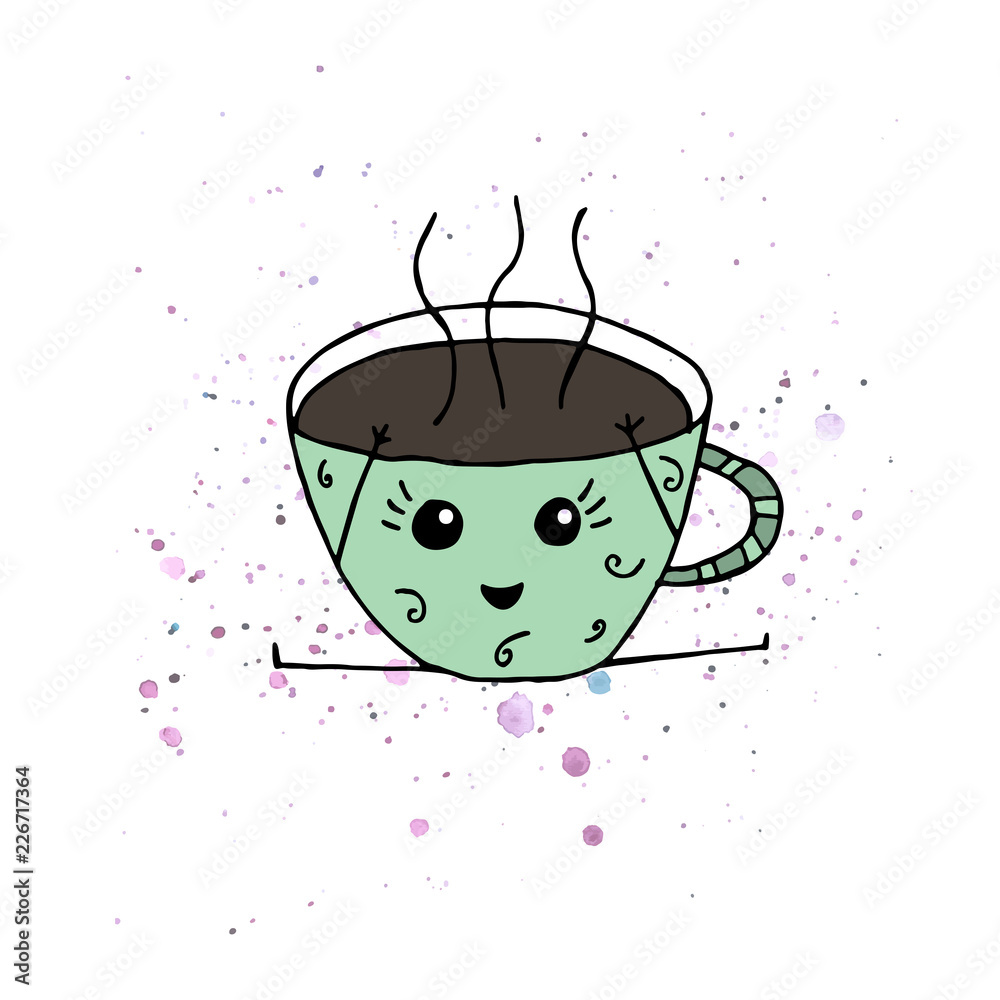 Vector illustration. Yummy print. Cup of coffee or tea . Cartoon drawing.  Funny print design elements. Stock Vector | Adobe Stock