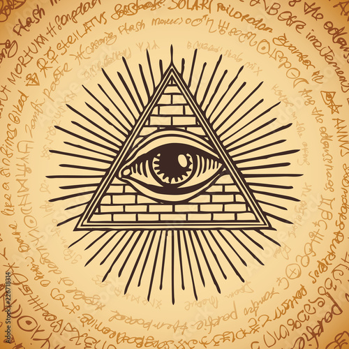 Vector banner with Eye of Providence. All-seeing eye inside triangle pyramid. Symbol Omniscience. Luminous Delta. Ancient mystical sacral illuminati symbol on background of an old illegible manuscript