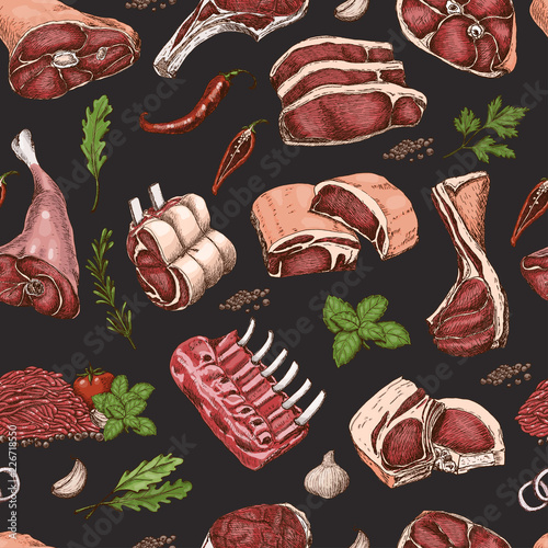 Vector seamless pattern with different color meats in sketch style