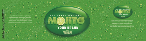 mojito name with lime slice, mint leaf and many water drops, packaging label