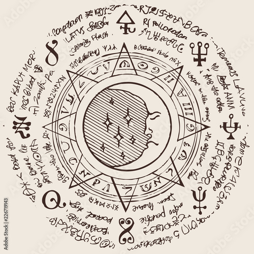 Illustration of the moon, sun and stars in an octagonal star with magical inscriptions and symbols on the beige background. Vector banner with old manuscript in retro style