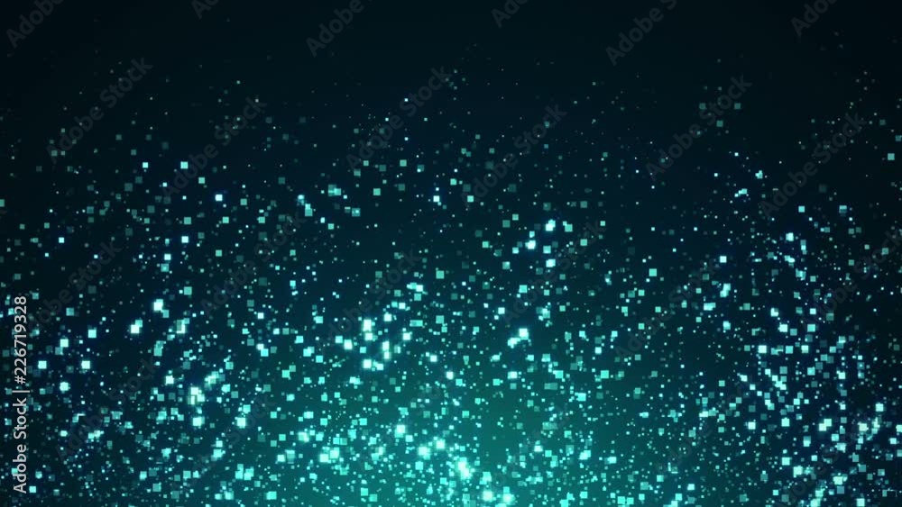 Abstract background with flying and flickering particles of square shaped. Glass and mirror effect. Animation of technology. Animation of seamless loop.