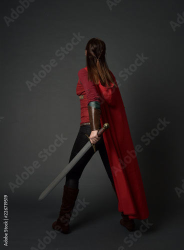 Full Length Portrait Brunette Girl Wearing Red Medieval Costume Cloak Stock  Photo by ©faestock 219104570