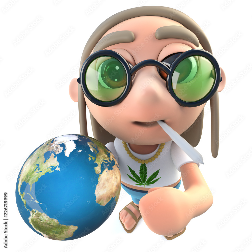 3d Funny cartoon hippy stoner character holding a globe of the Earth Stock  Illustration | Adobe Stock