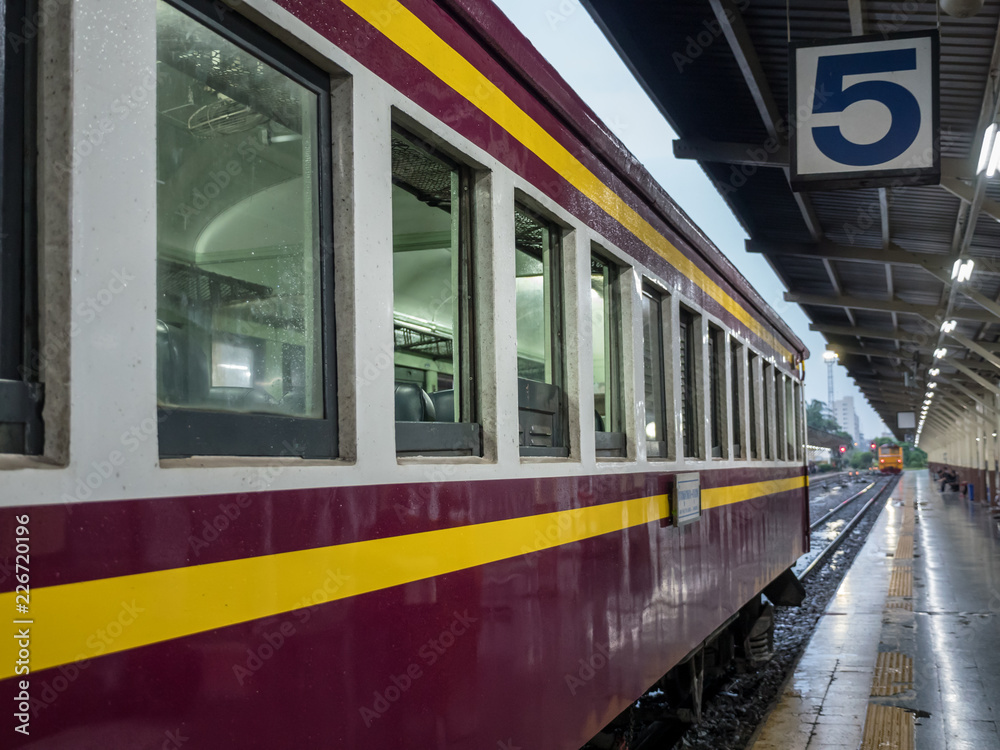 Old Thai train at Bangkok station, most of Thai train run by diesel engine. In vintage styles of travel in Thailand, journey with train is a one of popular. Many tourists plan to travel in this style.