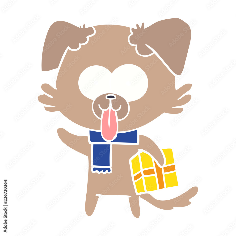 flat color style cartoon dog with christmas present flat color style cartoon dog with christmas present