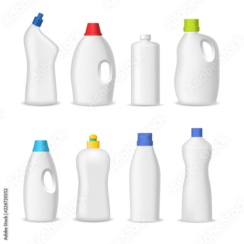 Realistic Detailed 3d White Blank Detergent Bottles Template Mockup Set. Vector