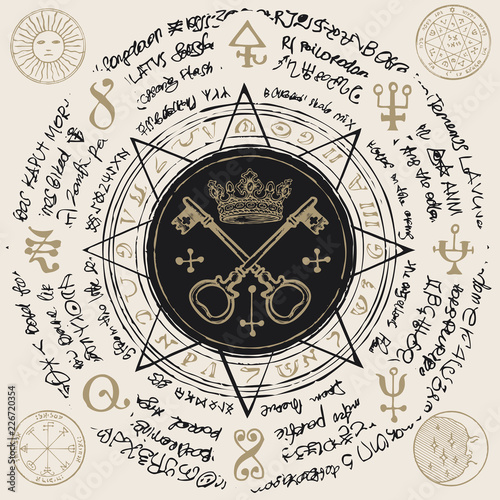 Illustration of the keys and crown in an octagonal star with handwritten magical inscriptions and symbols. Vector banner with old manuscript in retro style