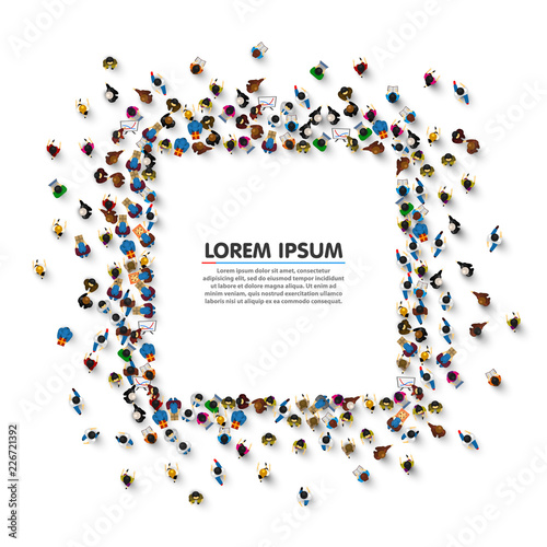 A group of people in a shape of frame banner, isolated on white background. Vector illustration