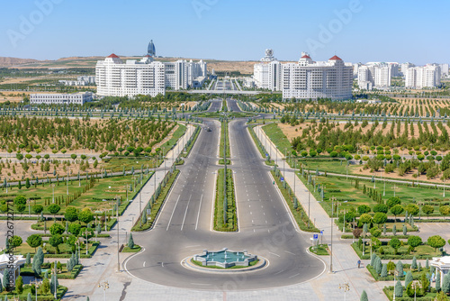Ashgabat Turkmenistan city scape, skyline of beautiful architecture and parks in Ashgabad the capital city of Turkmenistan in Central Asia photo