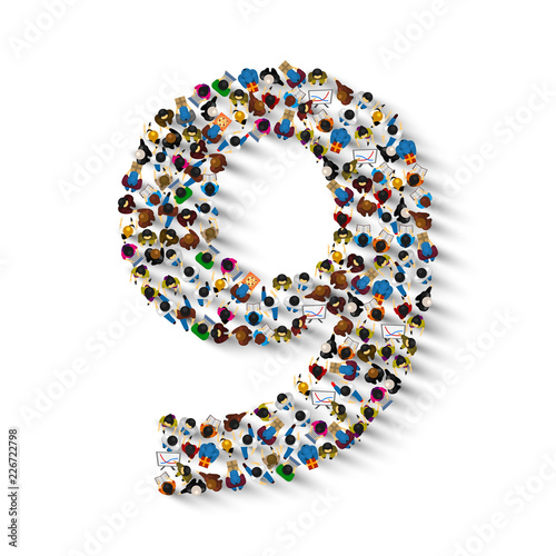 Large group of people in number 9 nine form. People font . Vector illustration