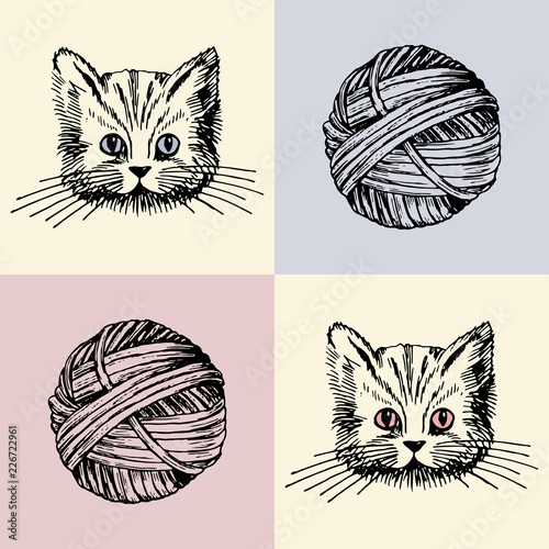 Vector illustration. Cat and yarn ball print. Pen drawn style.