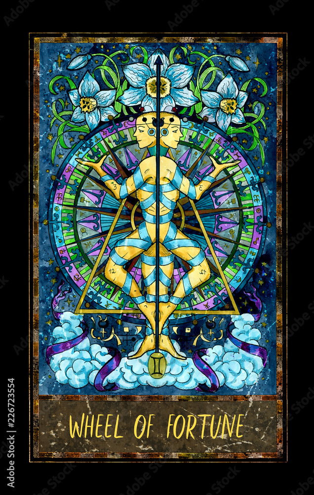 Wheel of fortune. Major Arcana tarot card. The Magic Gate deck. Fantasy graphic illustration with occult magic symbols, gothic and esoteric concept