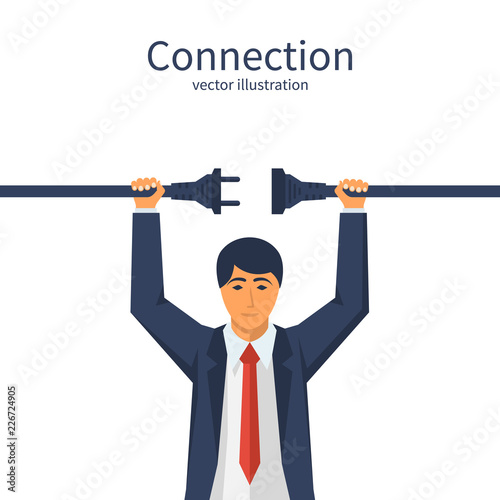 Connecting power socket. Businessman connecting hold plug and outlet in hand. Vector illustration flat design, isolated on background. Business connection concept.