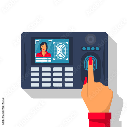 Finger print scan. Authorization in security system. Woman hand scanning finger. Access control. Vector illustration flat design. Isolated on white background. Identification of person.