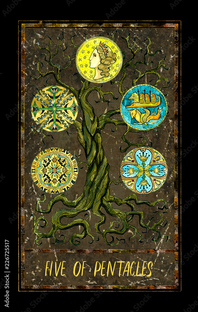 Five of pentacles. Minor Arcana tarot card. The Magic Gate deck. Fantasy graphic illustration with occult magic symbols, gothic and esoteric concept