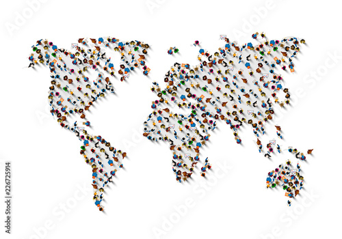 Crowd of people in the form of world map on white background . Vector illustration