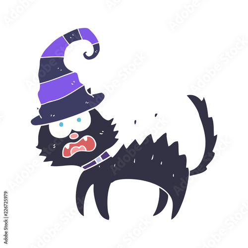 flat color illustration of a cartoon scared black cat